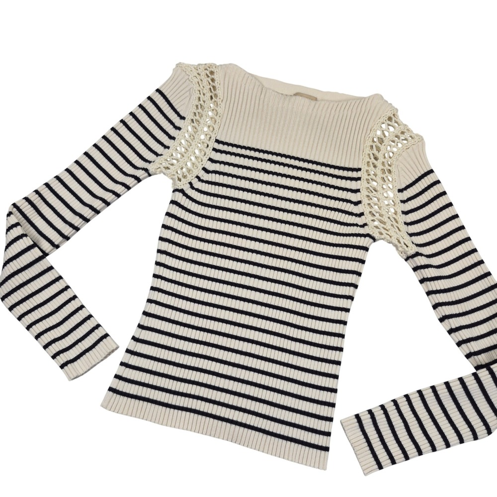 Elie Tahari Striped Ribbed Knit Top Crochet Shoulder Detail Ivory Black Small